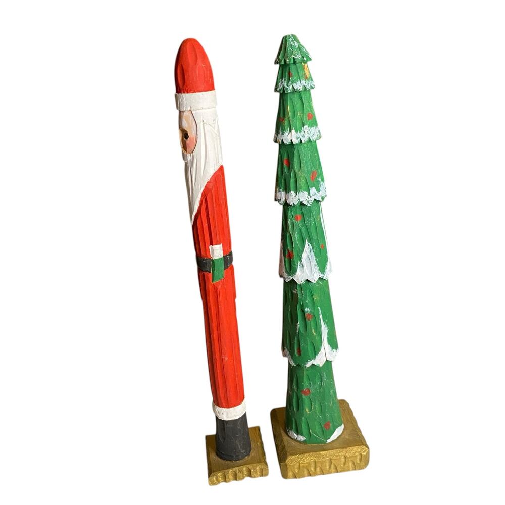 Vintage Hand Carved Wooden Pencil Skinny Santa Claus and Christmas Tree Figurine - Picture 2 of 14